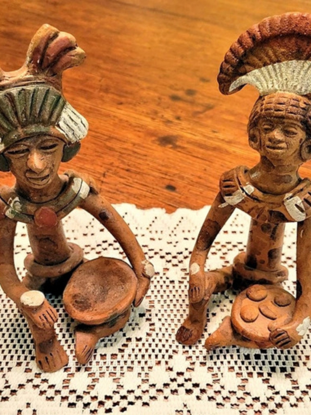 Vintage Handmade Terra Cotta Clay Aztec Myan Figurines Set Of 2